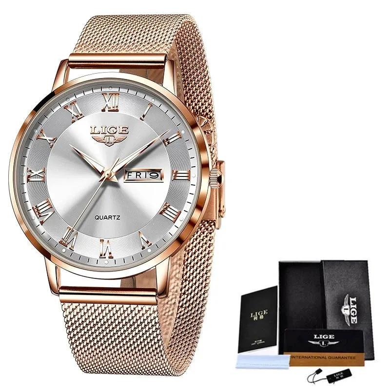 LIGE 2024 Luxury Ladies Watch | Waterproof Rose Gold Steel Strap Wristwatch | Top Brand Bracelet Clocks