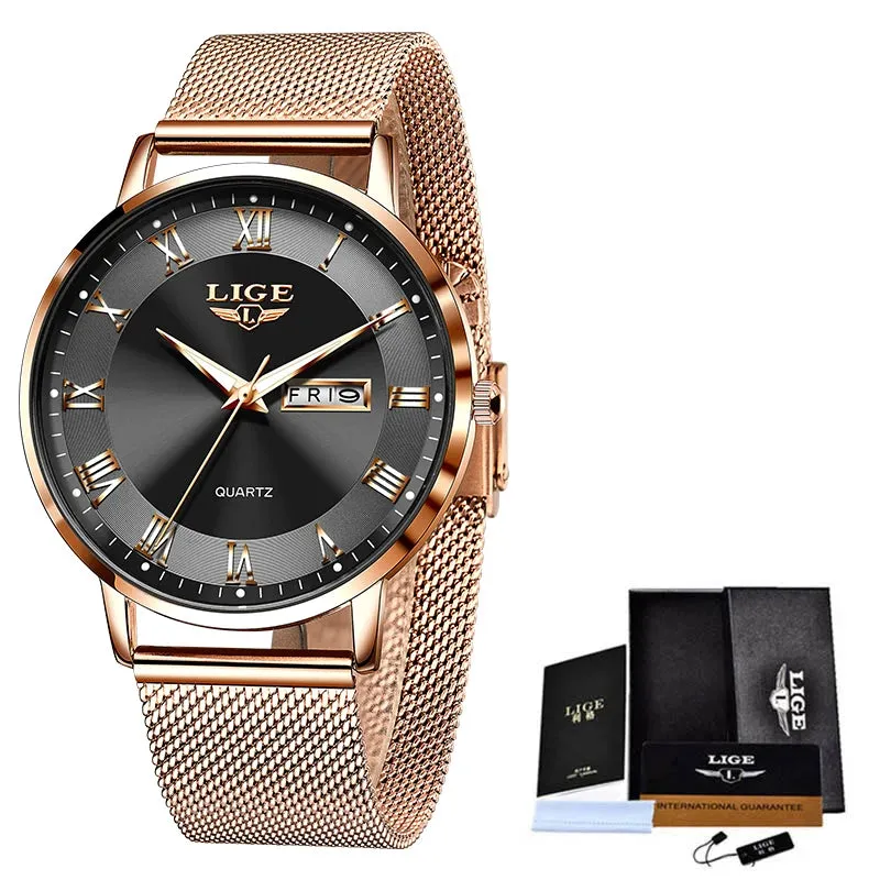 LIGE 2024 Luxury Ladies Watch | Waterproof Rose Gold Steel Strap Wristwatch | Top Brand Bracelet Clocks