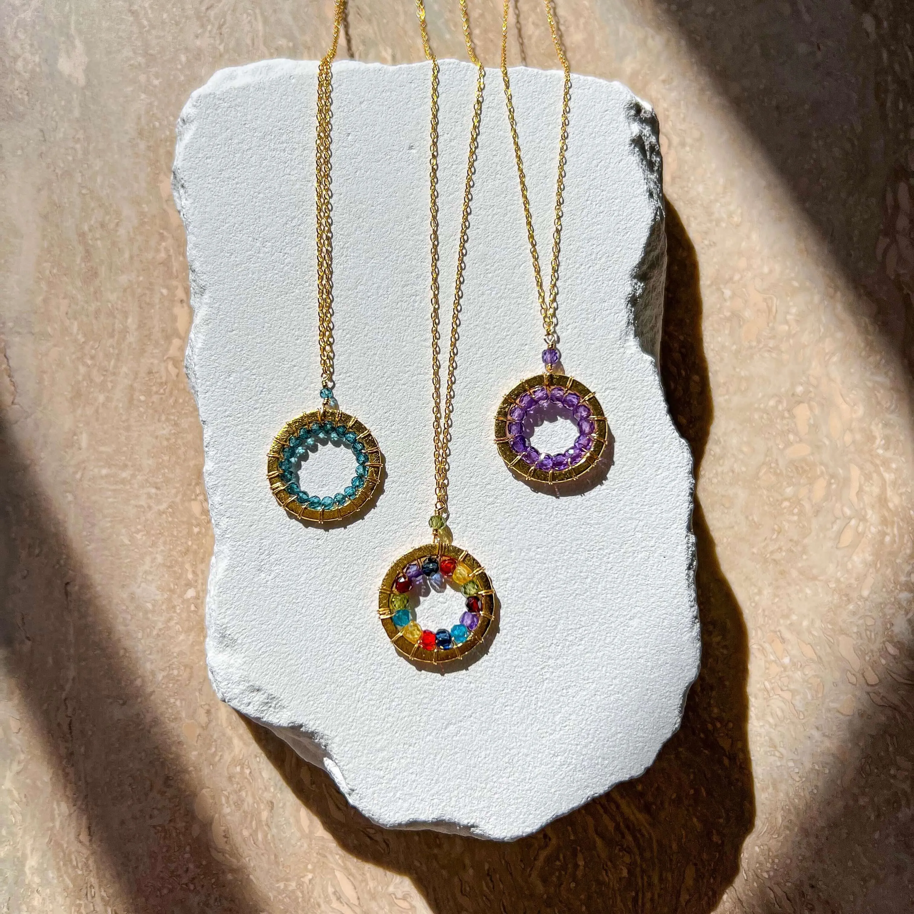 London Blue Quartz, Rainbow Gemstone and Amethyst Halo Mini Gold Pendants