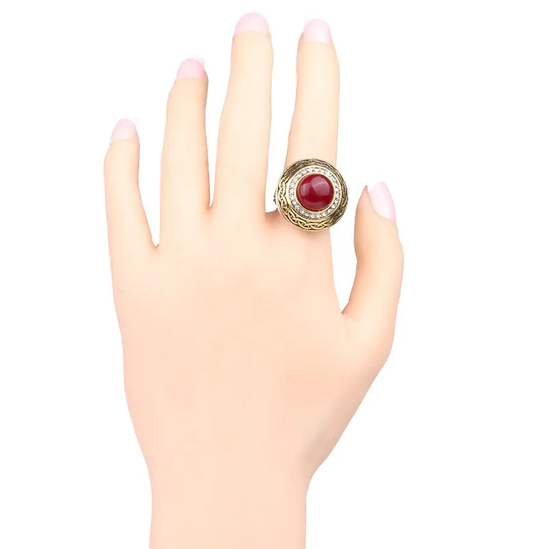 Luxury Vintage Wedding Ring Fashion Round Gold Band Inlay Resin And Crystal Ruby Indian Jewelry