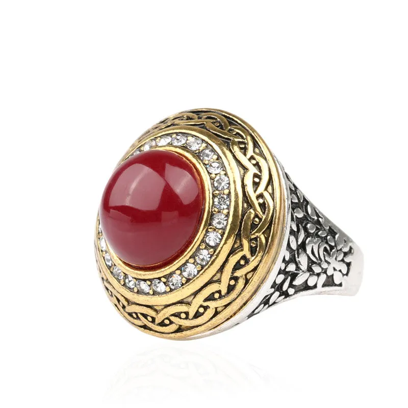 Luxury Vintage Wedding Ring Fashion Round Gold Band Inlay Resin And Crystal Ruby Indian Jewelry