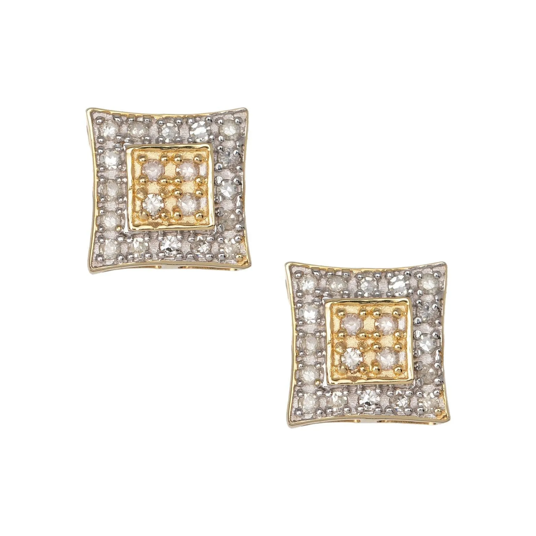 Men's Concave Square Micro-Pavé Diamond Stud Earrings 0.20ct 10K Yellow Gold