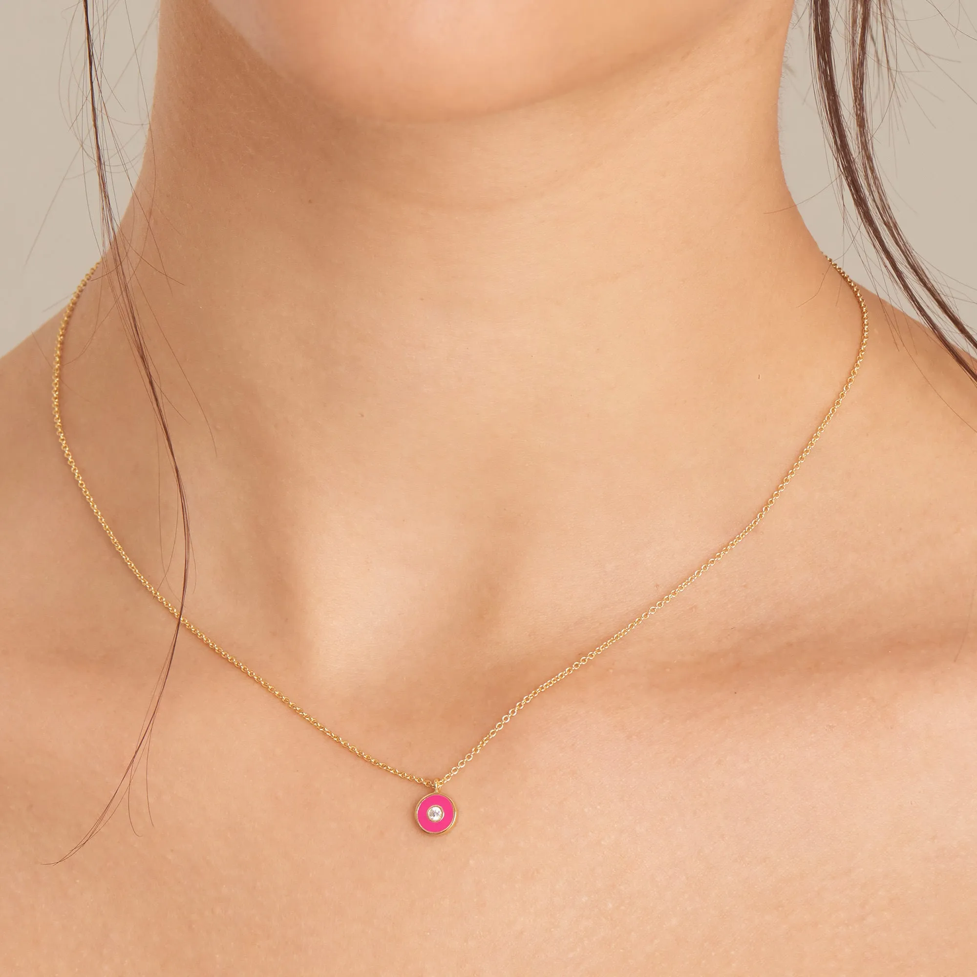 Neon Pink Enamel Disc Gold Necklace