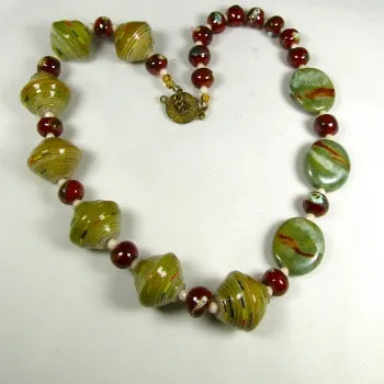 Olive Kazuri and Paper to Pearl Bead Necklace