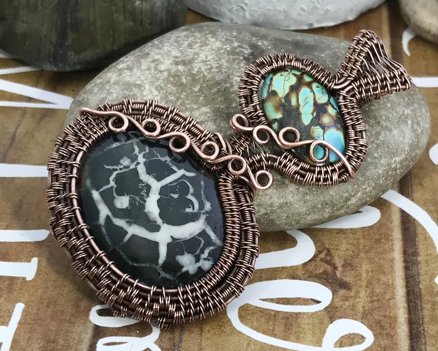 Oxidized Copper Wire Woven Septarian Gronates & Turquoise Pendant