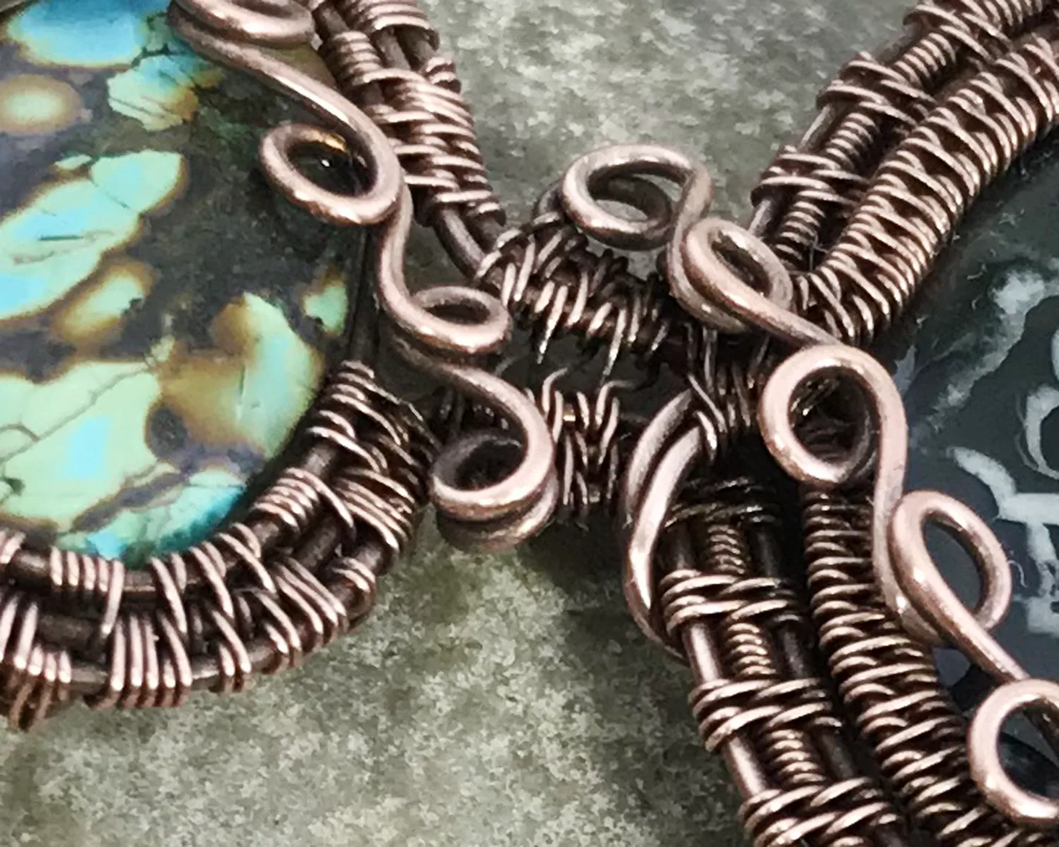 Oxidized Copper Wire Woven Septarian Gronates & Turquoise Pendant