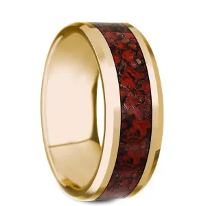 PYRA Beveled Polished 14K Yellow Gold Ring Red Dinosaur Bone - 8mm