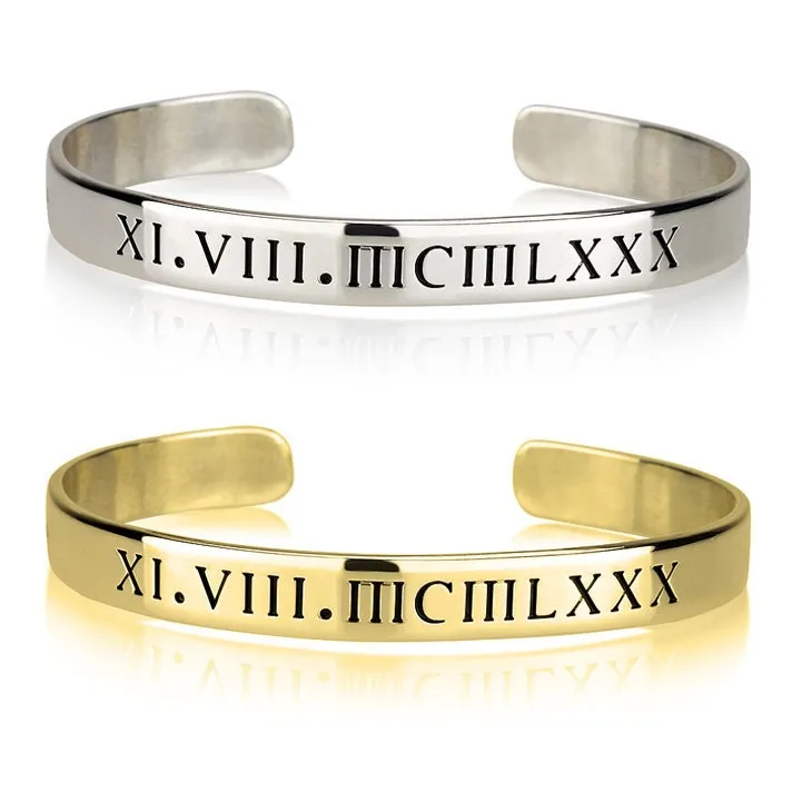 Roman Numerals Cuff Bracelet, Solid,Cutout, Sterling Silver/24K Gold/Rose Gold Plating, Christmas/Thanksgiving/Anniversary/Birthday Gifts