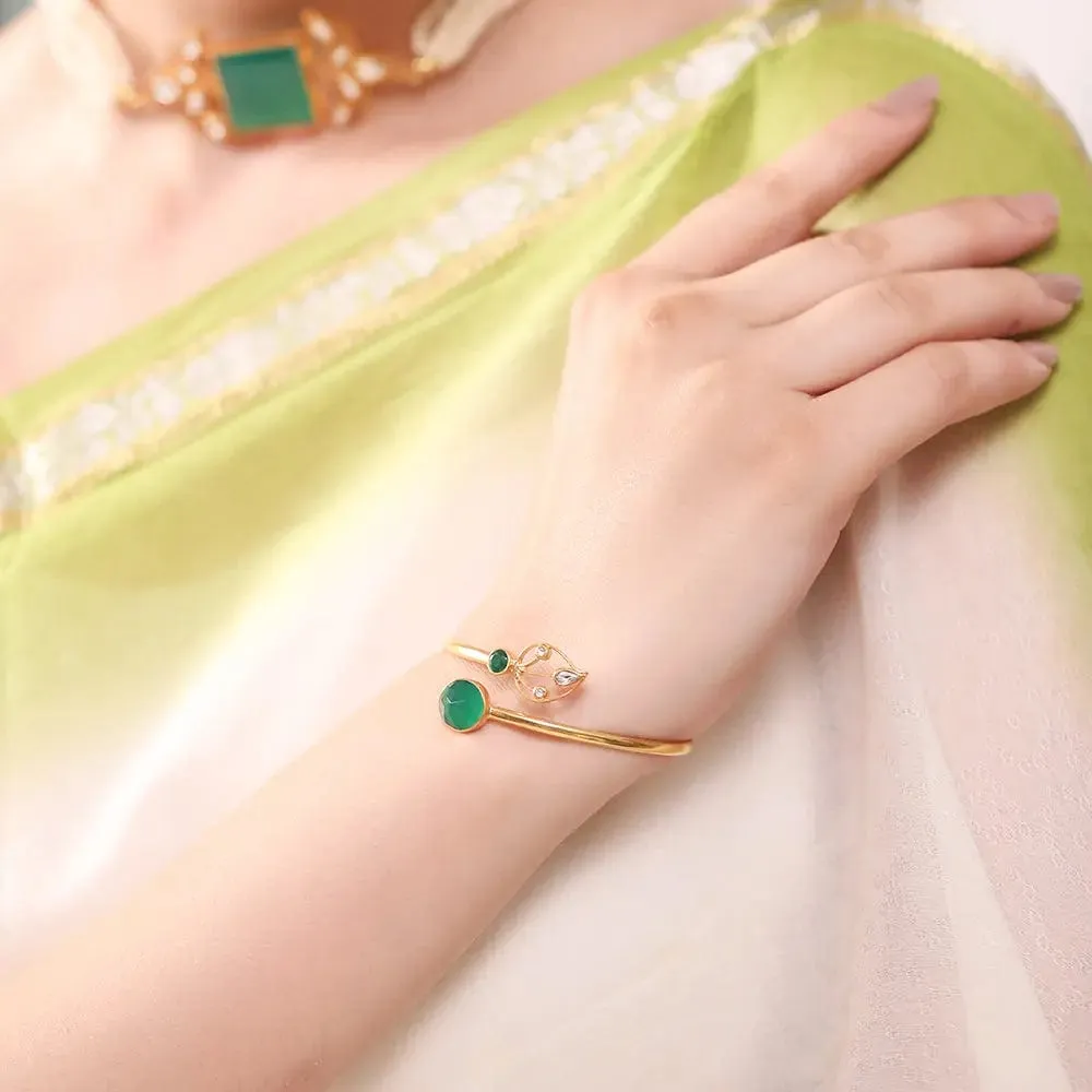 Silver 92.5 Aam Ras Cuff With Green Onyx