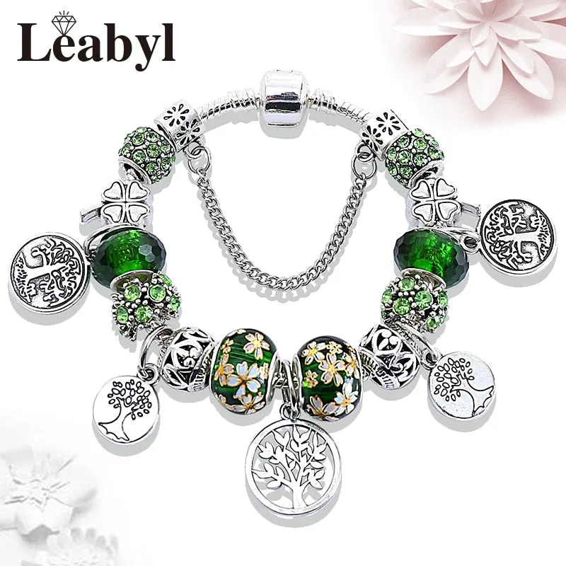 Silver Color Tree of Life Fashion Bead Bracelets, Green Leaf Floral Crystal Charm Bracelet, and Bangle Pulsera Jewelry