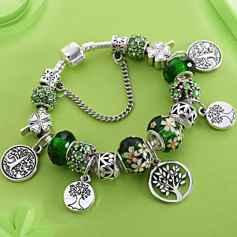 Silver Color Tree of Life Fashion Bead Bracelets, Green Leaf Floral Crystal Charm Bracelet, and Bangle Pulsera Jewelry