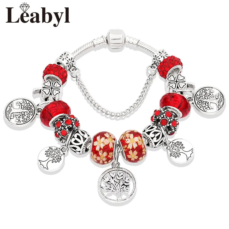 Silver Color Tree of Life Fashion Bead Bracelets, Green Leaf Floral Crystal Charm Bracelet, and Bangle Pulsera Jewelry