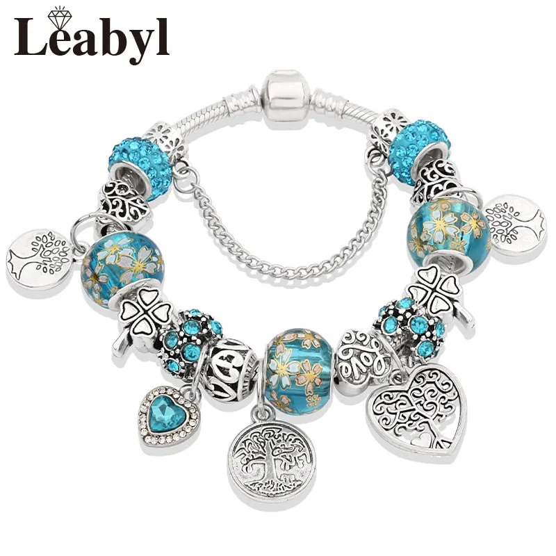 Silver Color Tree of Life Fashion Bead Bracelets, Green Leaf Floral Crystal Charm Bracelet, and Bangle Pulsera Jewelry