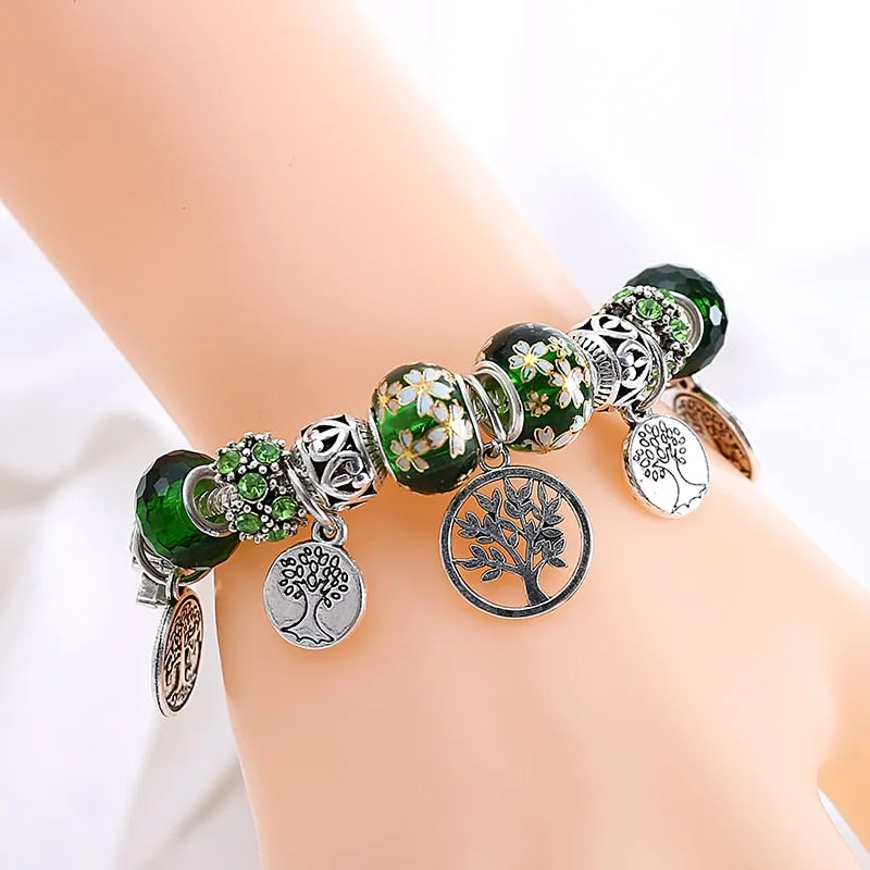 Silver Color Tree of Life Fashion Bead Bracelets, Green Leaf Floral Crystal Charm Bracelet, and Bangle Pulsera Jewelry