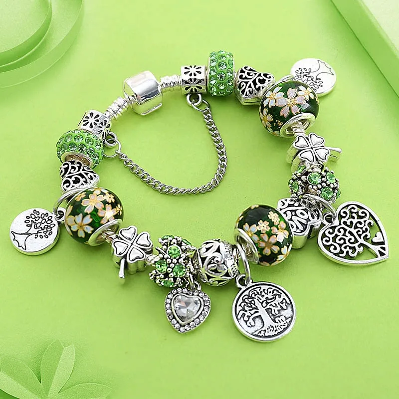 Silver Color Tree of Life Fashion Bead Bracelets, Green Leaf Floral Crystal Charm Bracelet, and Bangle Pulsera Jewelry