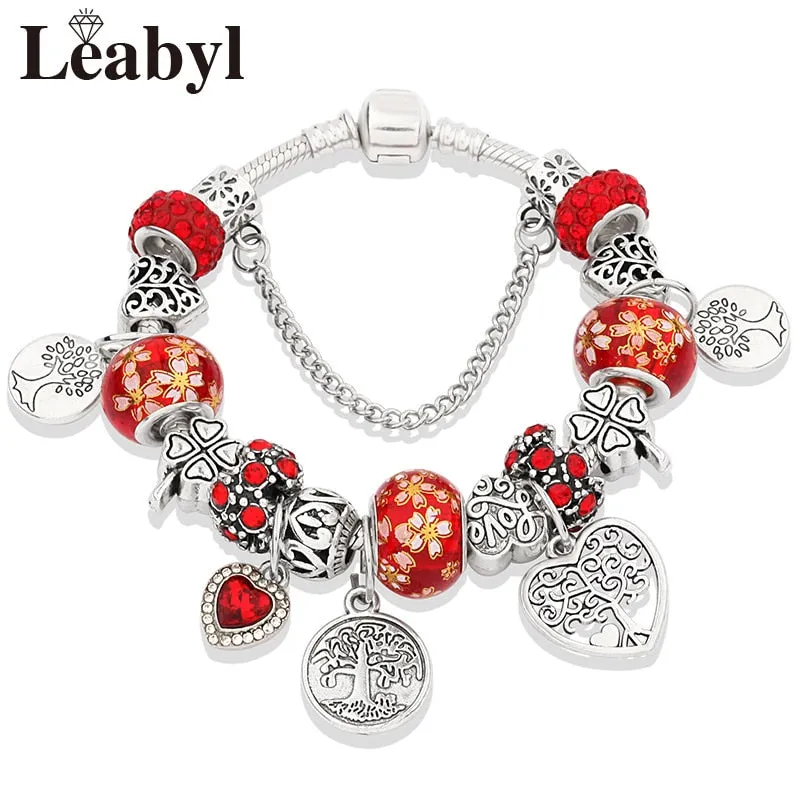 Silver Color Tree of Life Fashion Bead Bracelets, Green Leaf Floral Crystal Charm Bracelet, and Bangle Pulsera Jewelry