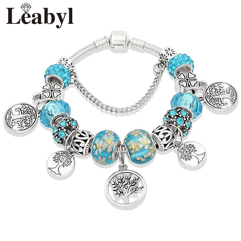 Silver Color Tree of Life Fashion Bead Bracelets, Green Leaf Floral Crystal Charm Bracelet, and Bangle Pulsera Jewelry