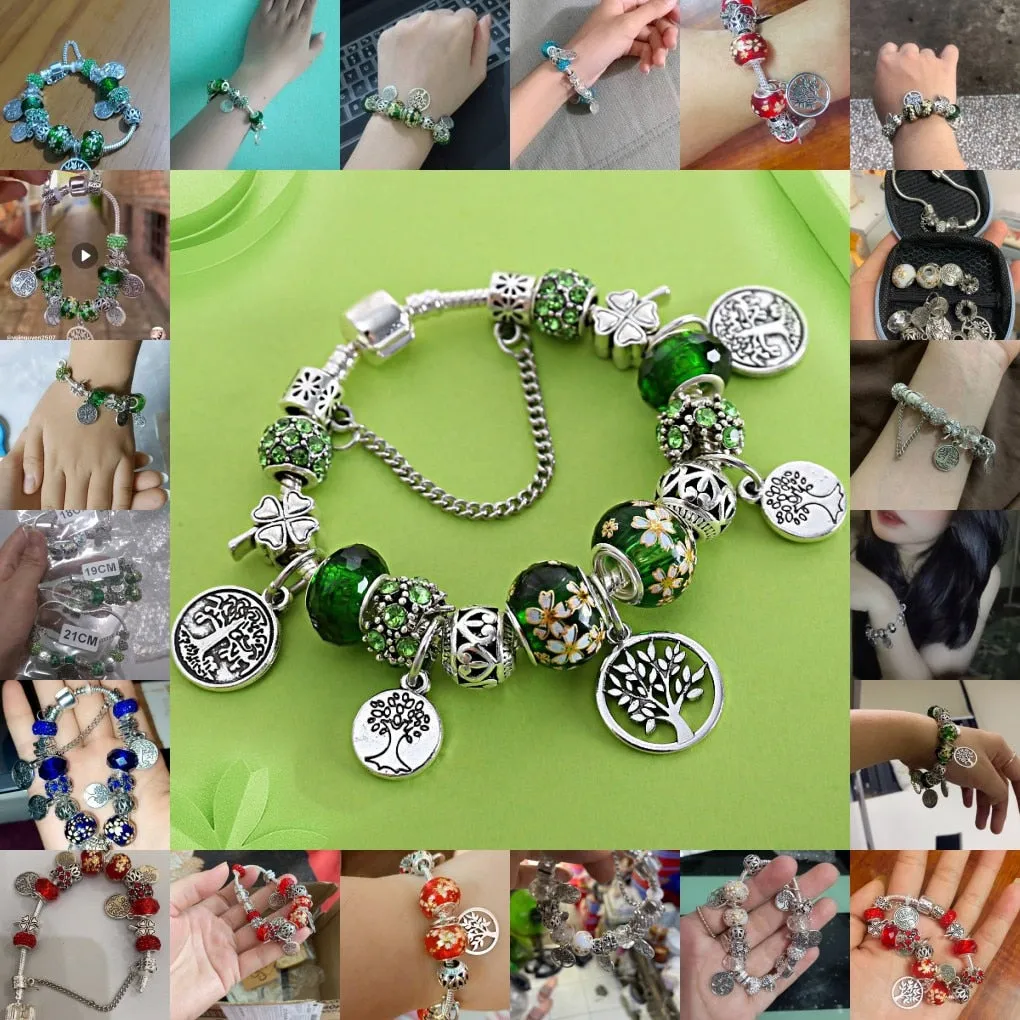 Silver Color Tree of Life Fashion Bead Bracelets, Green Leaf Floral Crystal Charm Bracelet, and Bangle Pulsera Jewelry