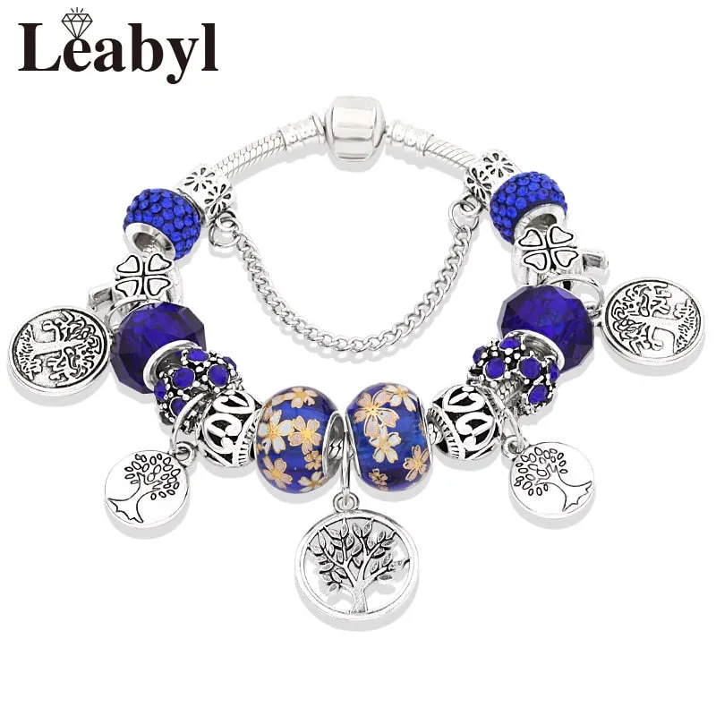 Silver Color Tree of Life Fashion Bead Bracelets, Green Leaf Floral Crystal Charm Bracelet, and Bangle Pulsera Jewelry