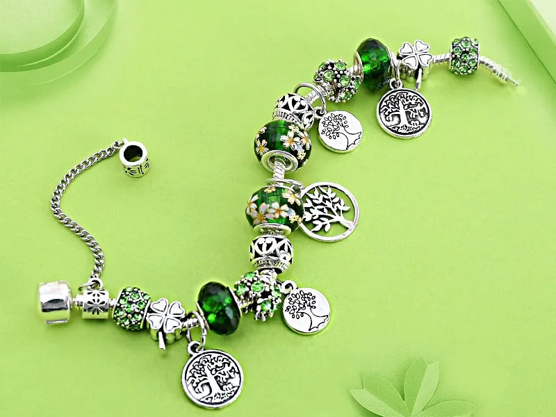 Silver Color Tree of Life Fashion Bead Bracelets, Green Leaf Floral Crystal Charm Bracelet, and Bangle Pulsera Jewelry