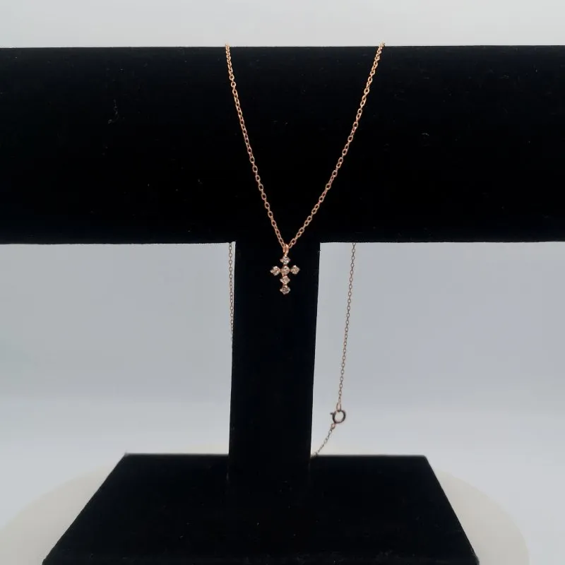 Sterling Silver 14kt Rose Gold Plated Crystal Cross Necklace