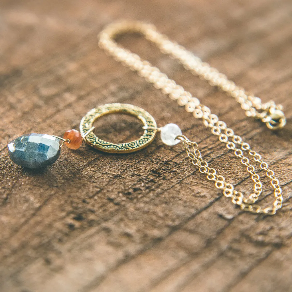 Sun Moon and Stars Necklace : Labradorite, Moonstone, Sunstone