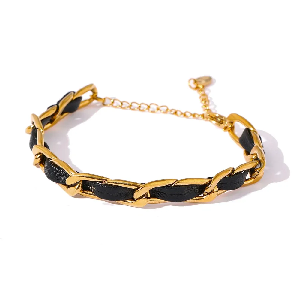 Trendy Leather 18k Gold Plated Chain Bracelet