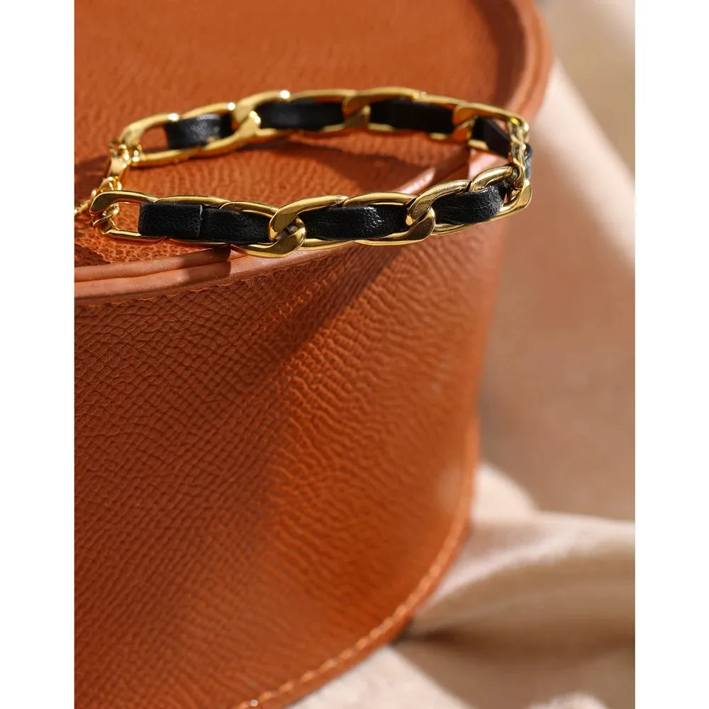 Trendy Leather 18k Gold Plated Chain Bracelet