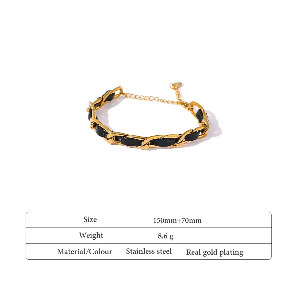 Trendy Leather 18k Gold Plated Chain Bracelet