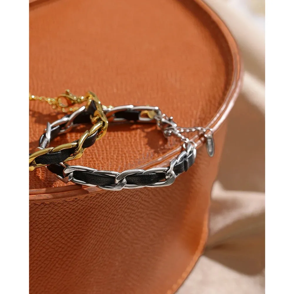 Trendy Leather 18k Gold Plated Chain Bracelet