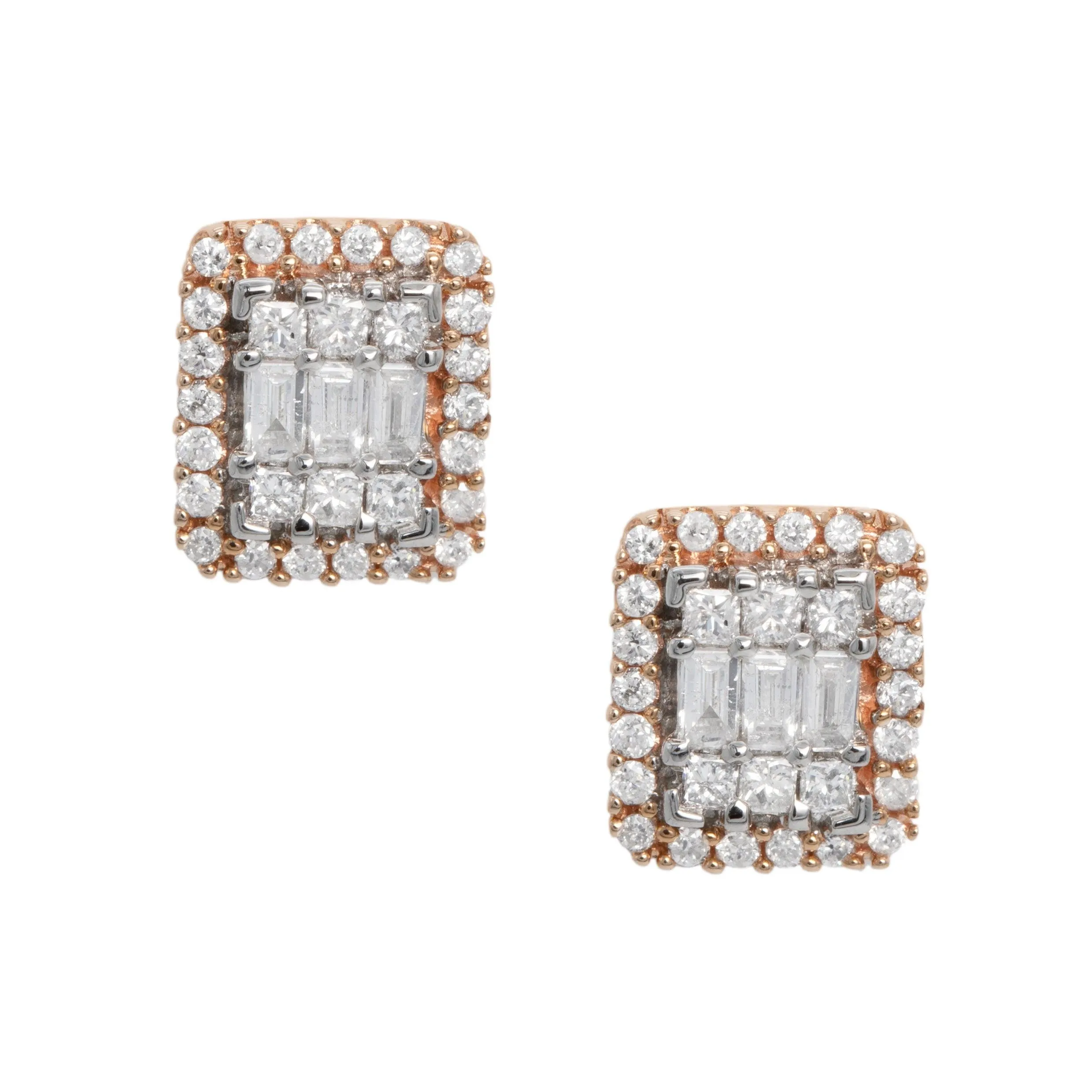 Women's Halo Baguette Diamond Stud Earrings 0.74ct 14K Rose Gold